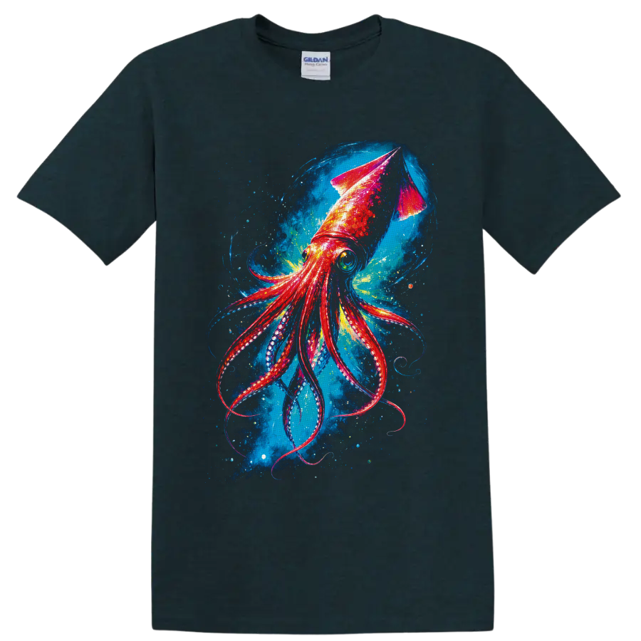 Colorful Giant Squid illustration with curling tentacles in a swirling deep-sea scene on a Midnight (Green) T Shirt