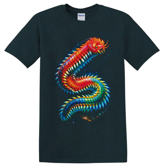 Surreal rainbow marine bristle worm with glowing bristles in a cosmic ocean swirl on a Midnight (Green) T Shirt