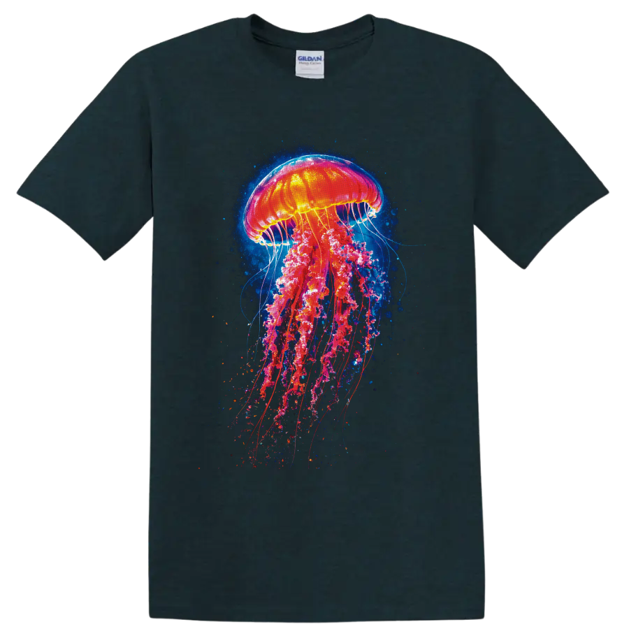 Neon jellyfish graphic art with glowing tentacles and deep blue ocean particles on a Midnight (Green) T Shirt