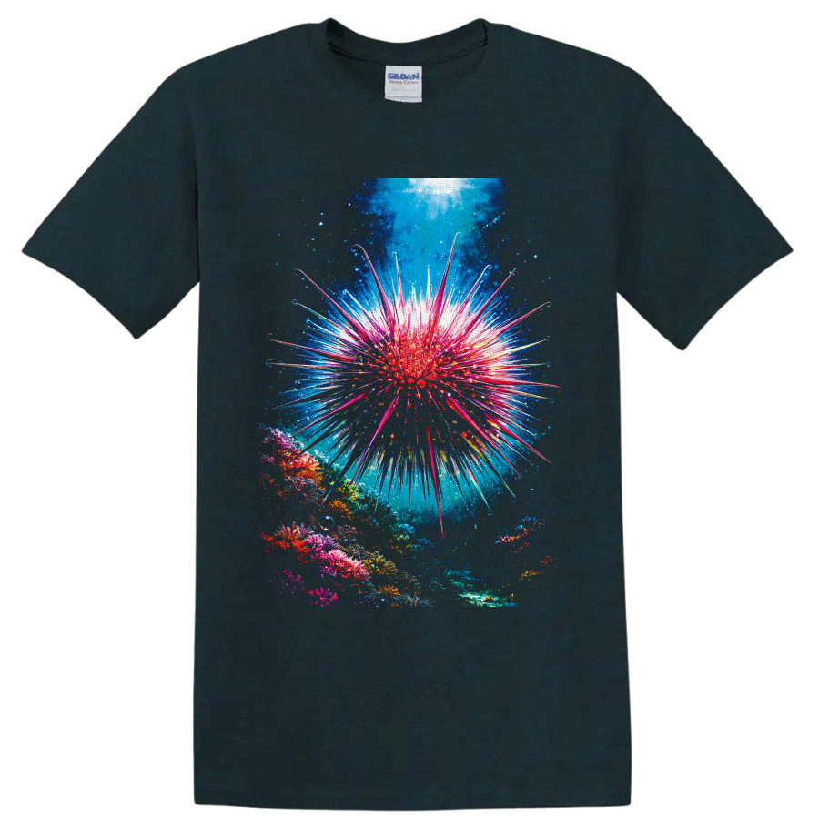 Crown-of-thorns starfish with radiant spines above a colorful sunlit coral reef on a Midnight (Green) T Shirt