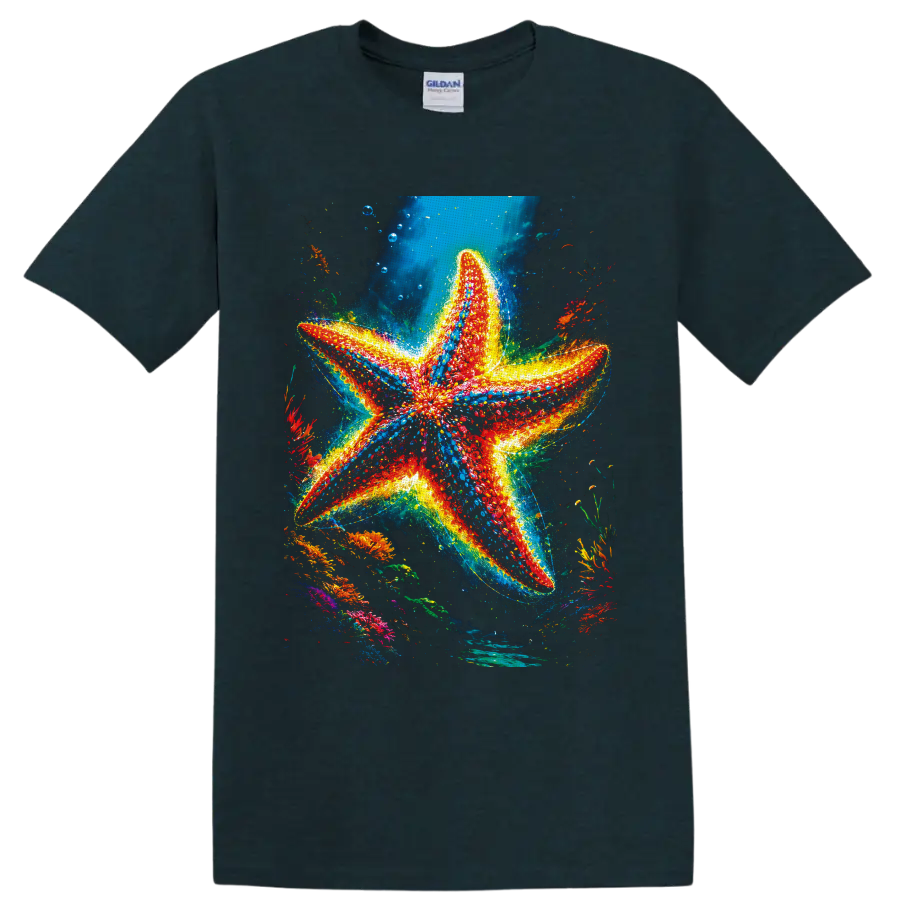 Vibrant red and blue starfish in a glowing tropical coral reef scene on a Midnight (Green) T Shirt