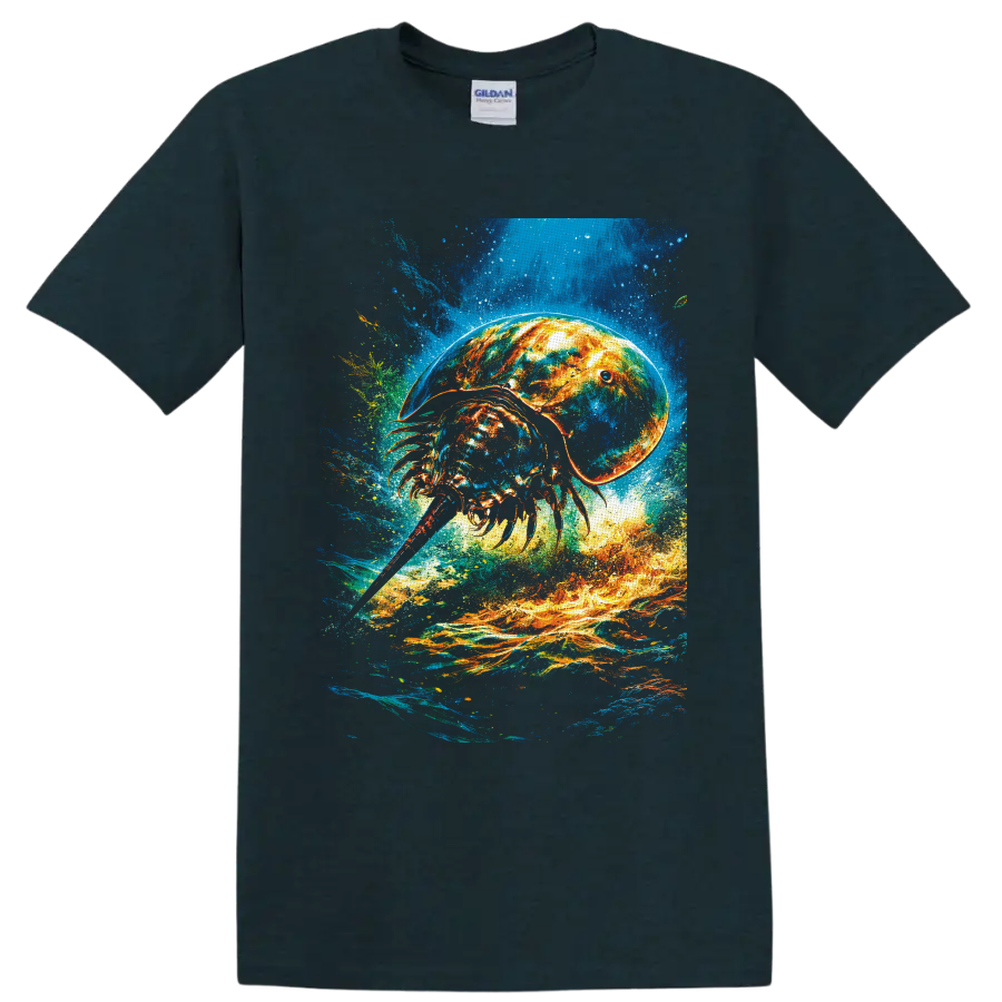 Vibrant horseshoe crab illustration in swirling blue water and fiery orange currents on a Midnight (Green) T Shirt