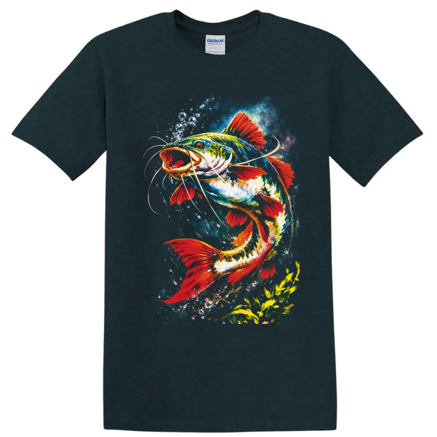 Vibrant watercolor catfish with red fins swimming through blue splashes and bubbles on a Midnight (Green) T Shirt
