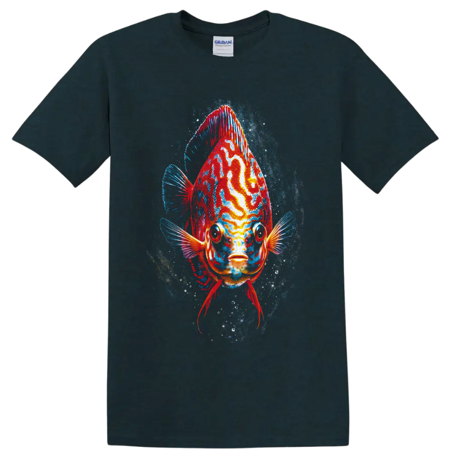 Colorful discus fish portrait with red, orange, and turquoise underwater splash art on a Midnight (Green) T Shirt