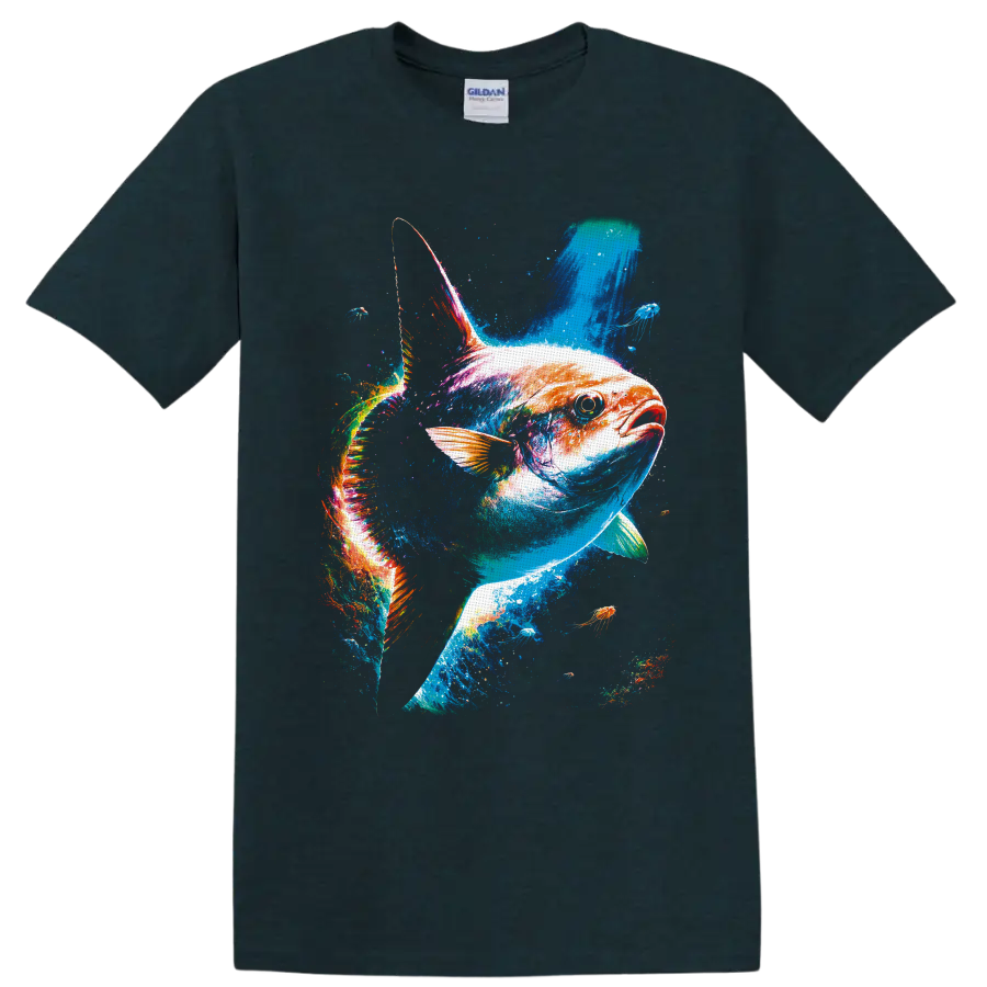 Colorful Bluefin Tuna splash-art design with jellyfish in a vivid underwater scene on a Midnight (Green) T Shirt