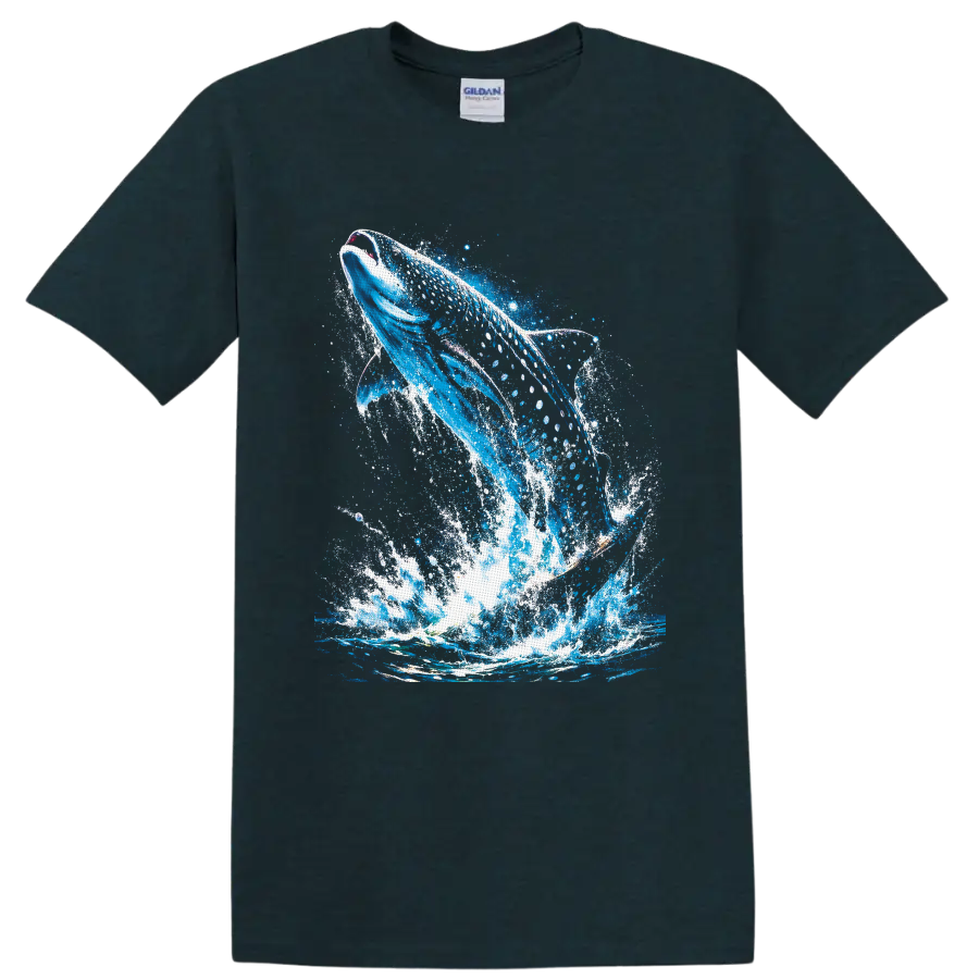 Breaching humpback whale in vivid blue ocean splash and paint-splatter artwork on a Midnight (Green) T Shirt
