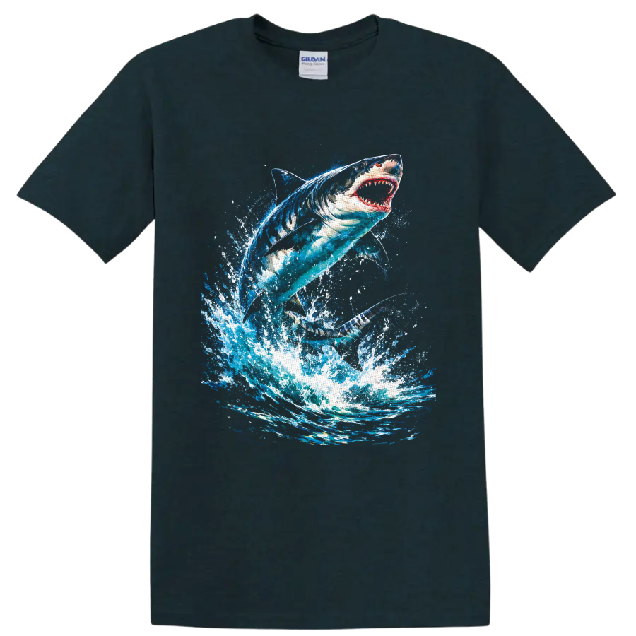 Great white shark leaping through a vivid blue ocean wave splash art design on a Midnight (Green) T Shirt