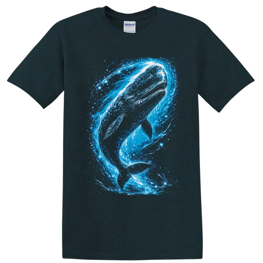 Humpback whale in swirling blue cosmic ocean waves and starry galaxy art on a Midnight (Green) T Shirt