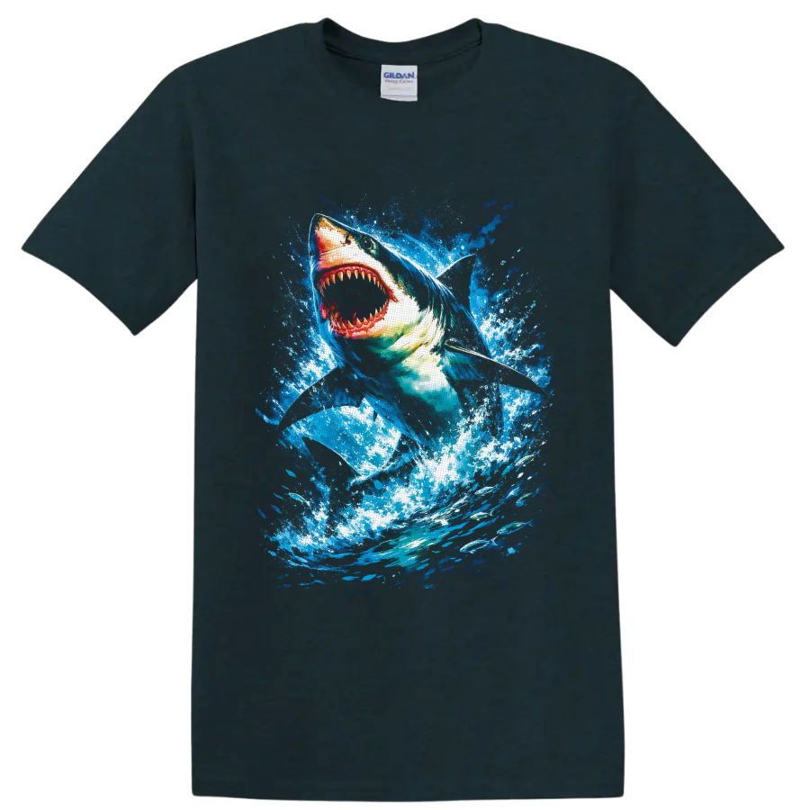 Great White Shark lunging through vivid blue ocean splash art on a Midnight (Green) T Shirt