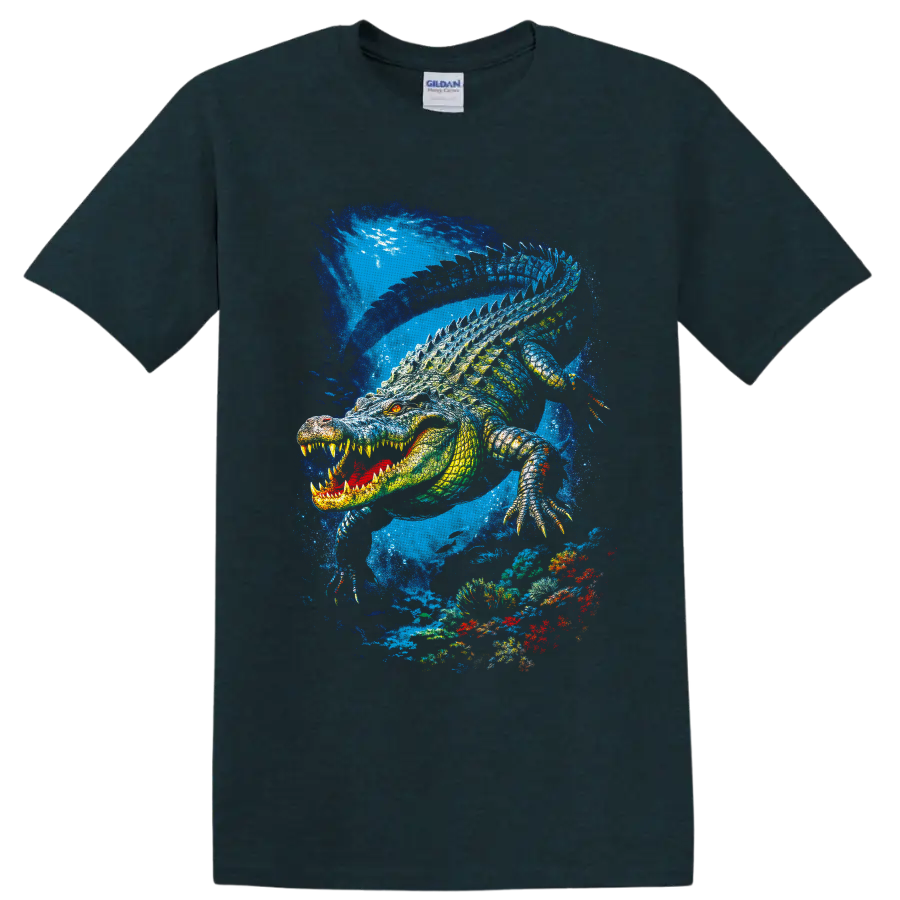 Fierce crocodile swimming through a vivid blue underwater coral reef illustration on a Midnight (Green) T Shirt