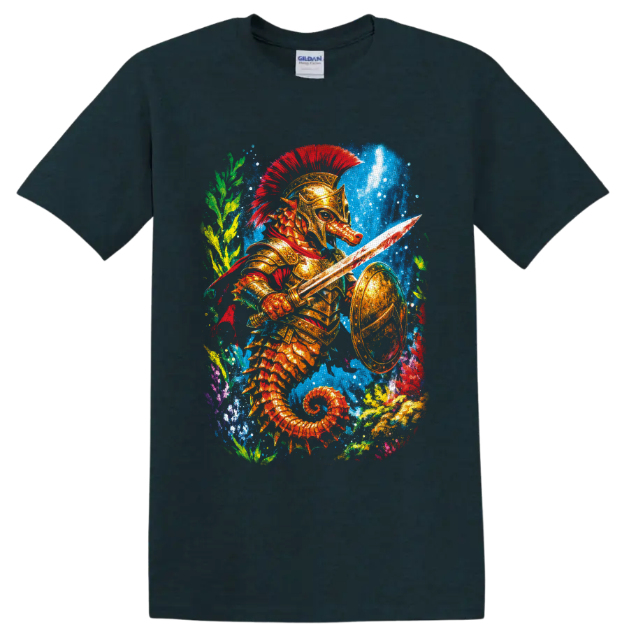 Colorful fantasy seahorse warrior in golden armor with sword and shield underwater on a Midnight (Green) T Shirt