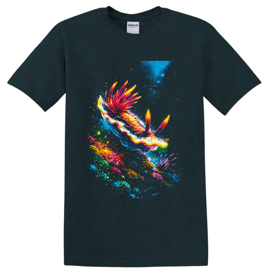 Vibrant nudibranch sea slug swimming through a colorful coral reef illustration on a Midnight (Green) T Shirt