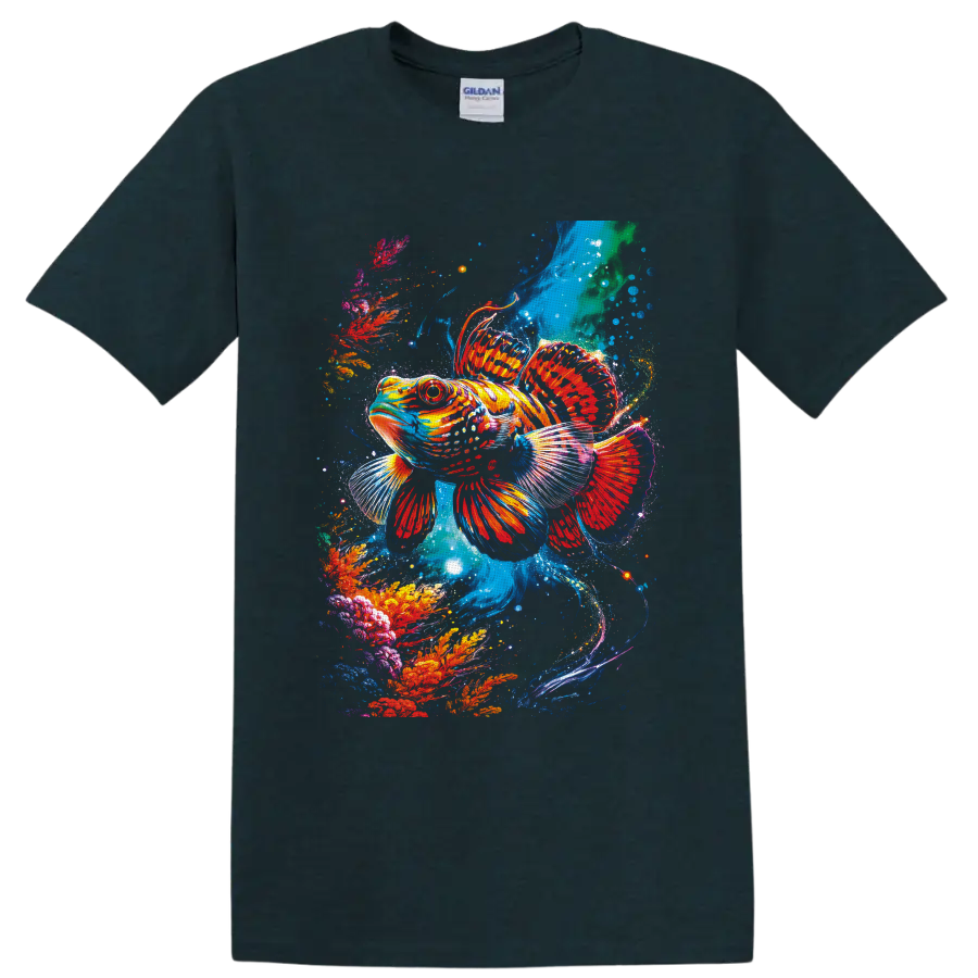Tropical fish in a vibrant painterly underwater coral reef scene on a Midnight (Green) T Shirt