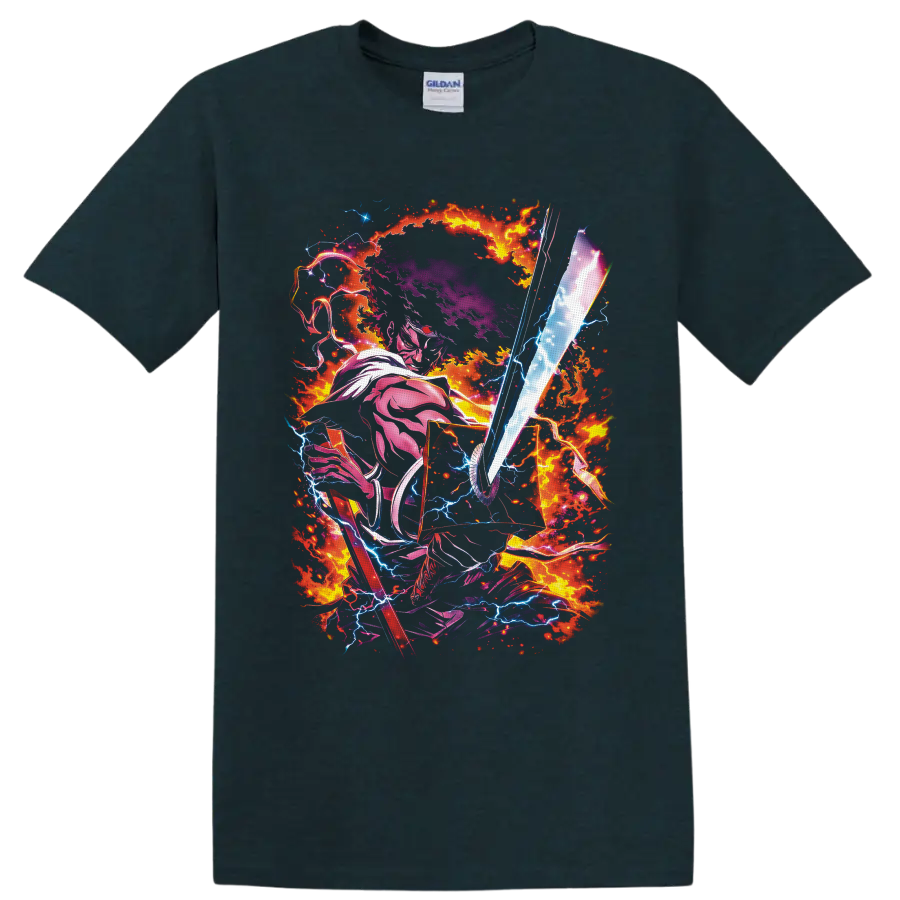 Mononoke Medicine Seller with glowing spirit sword, fire, and lightning anime art on a Midnight (Green) T Shirt