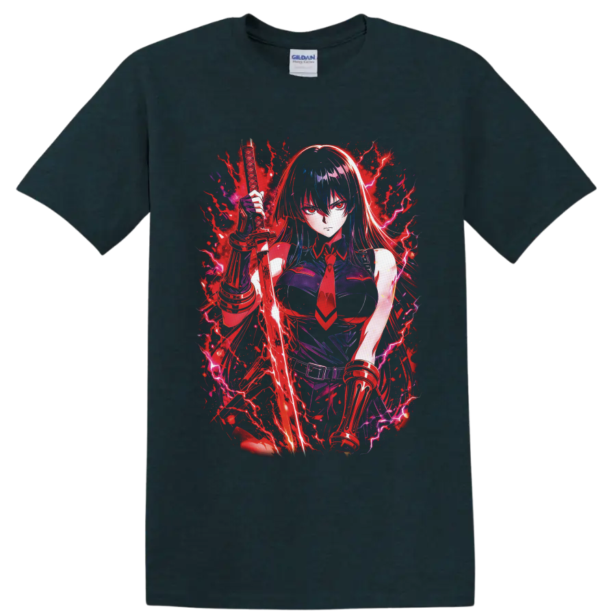 Esdeath Akame ga Kill anime warrior with katana, crimson splatter, and purple lightning on a Midnight (Green) T Shirt