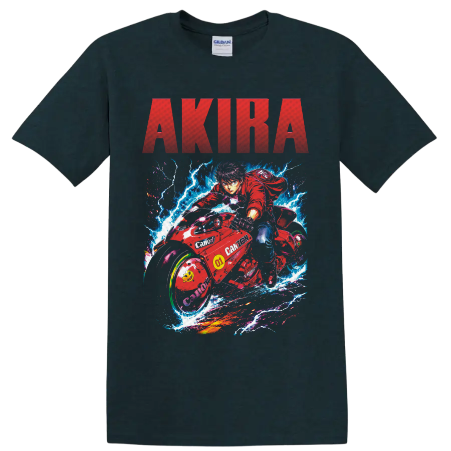 Shotaro Kaneda on red motorcycle with lightning and AKIRA text in neon anime art on a Midnight (Green) T Shirt