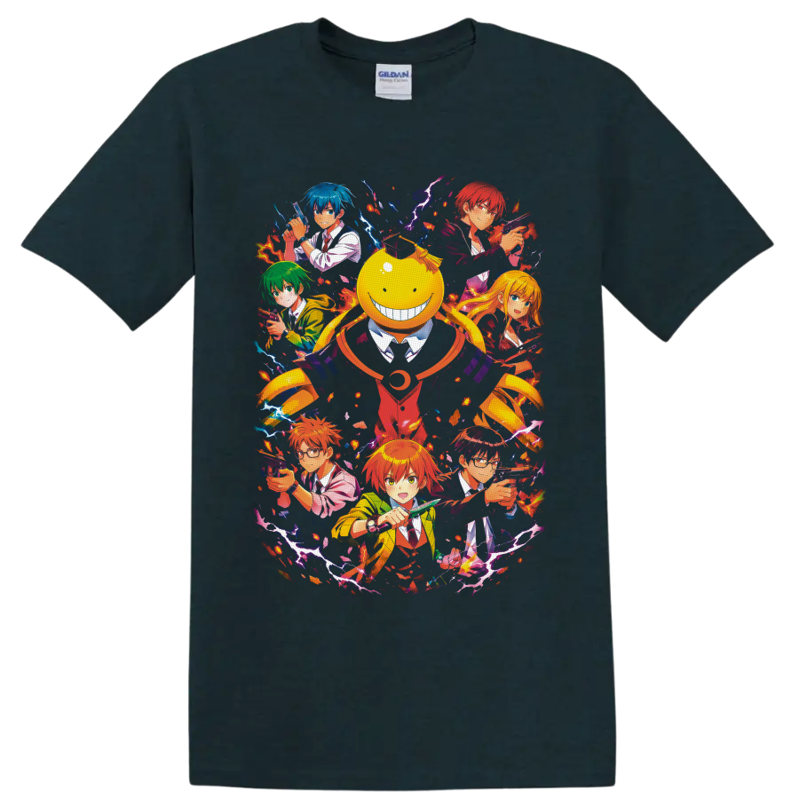 Koro-sensei and Class 3-E anime action collage with lightning and fiery splashes on a Midnight (Green) T Shirt