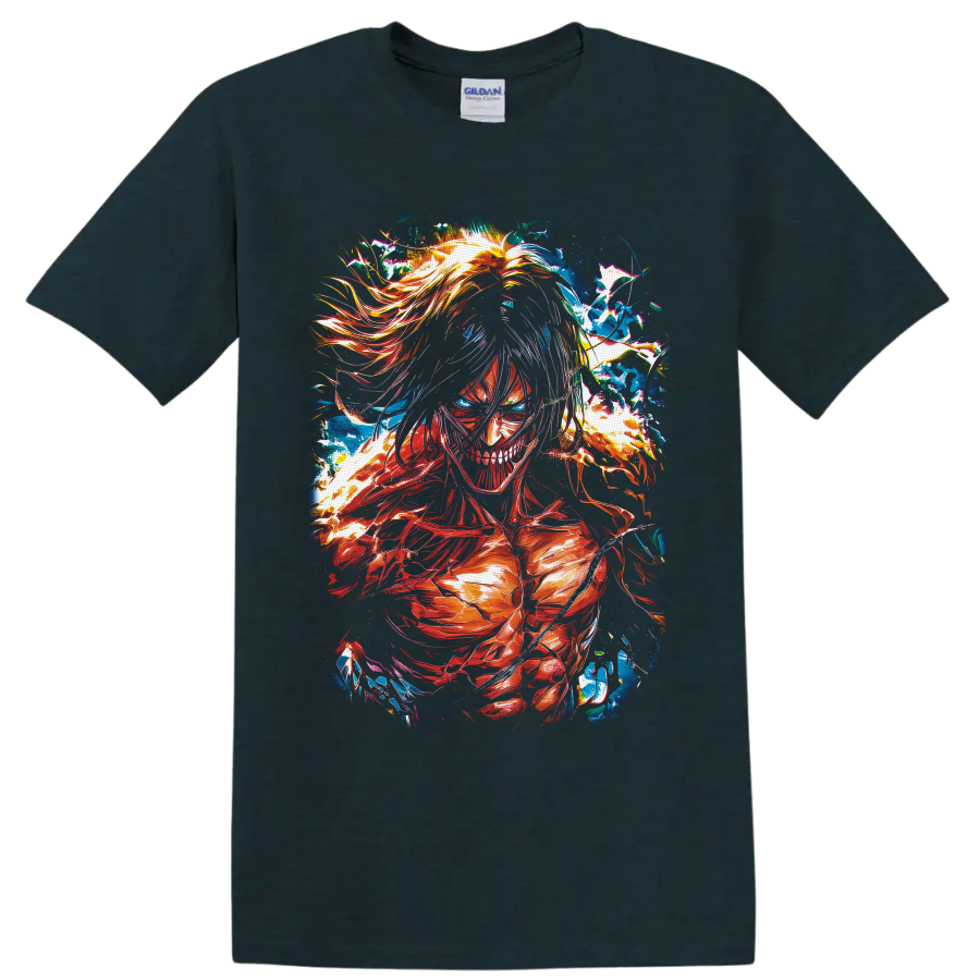 Eren Yeager Attack Titan in vivid red-orange and blue color-burst anime art on a Midnight (Green) T Shirt