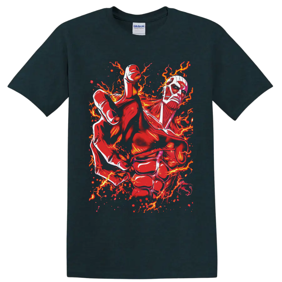 Colossal Titan Attack on Titan manga art with red lightning and fiery sparks on a Midnight (Green) T Shirt