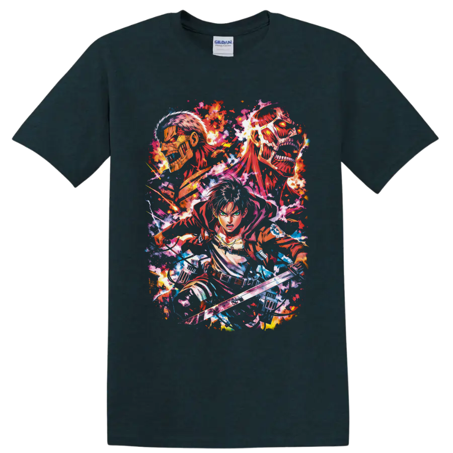 Eren Yeager with Armored and Colossal Titans in vivid splatter-paint anime art on a Midnight (Green) T Shirt