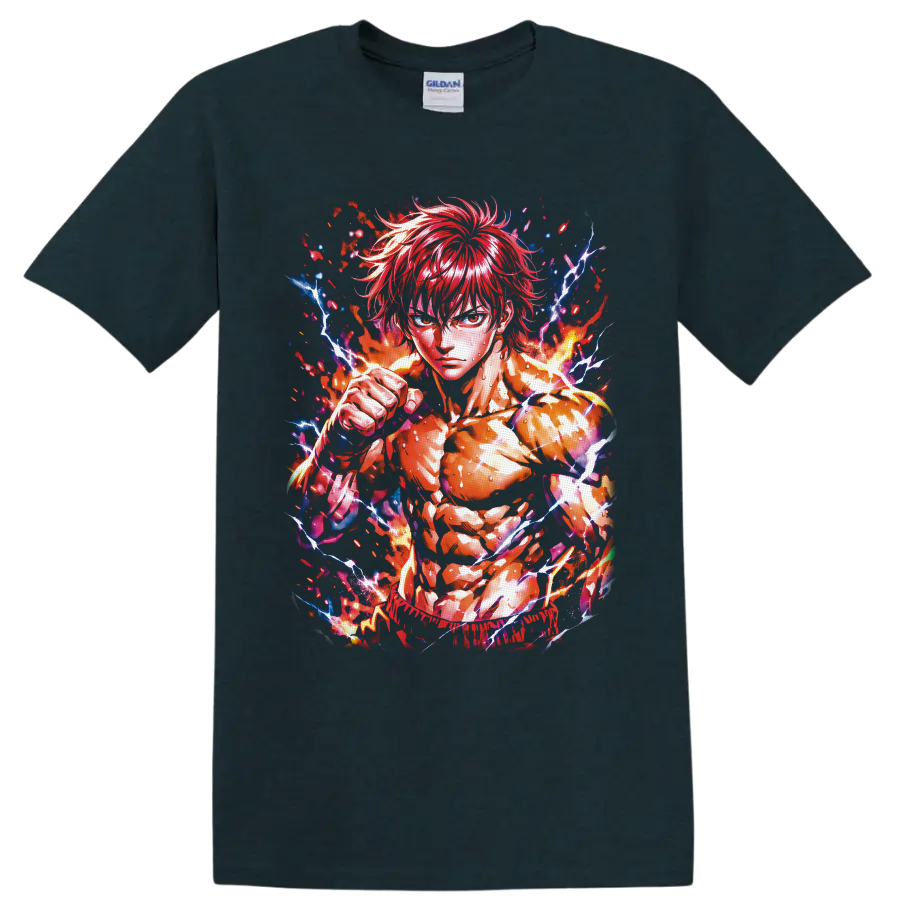 Baki Hanma anime fighter with raised fist, fire, and crackling lightning art on a Midnight (Green) T Shirt