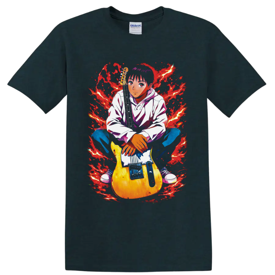 Yukio Tanaka Koyuki with electric guitar in red lightning anime rock art on a Midnight (Green) T Shirt