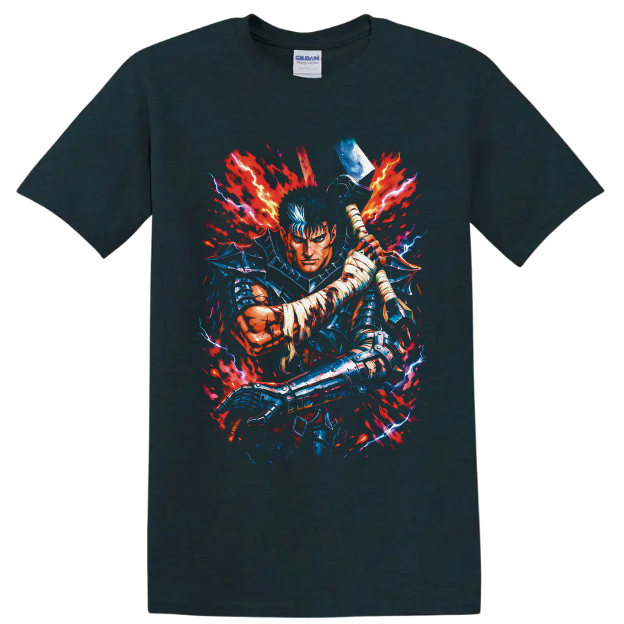 Guts Berserk Flame Dragon Knight swordfighter with red flames and blue lightning on a Midnight (Green) T Shirt