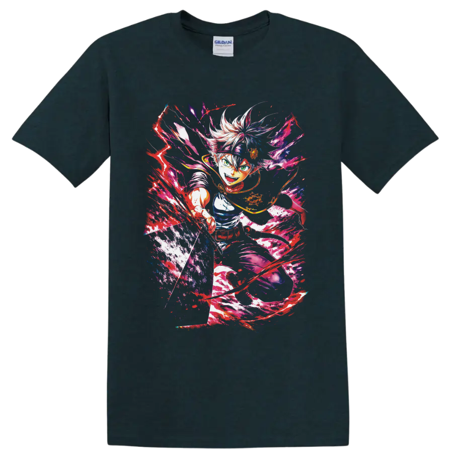 Asta Black Clover anti-magic battle anime art with neon paint splashes on a Midnight (Green) T Shirt