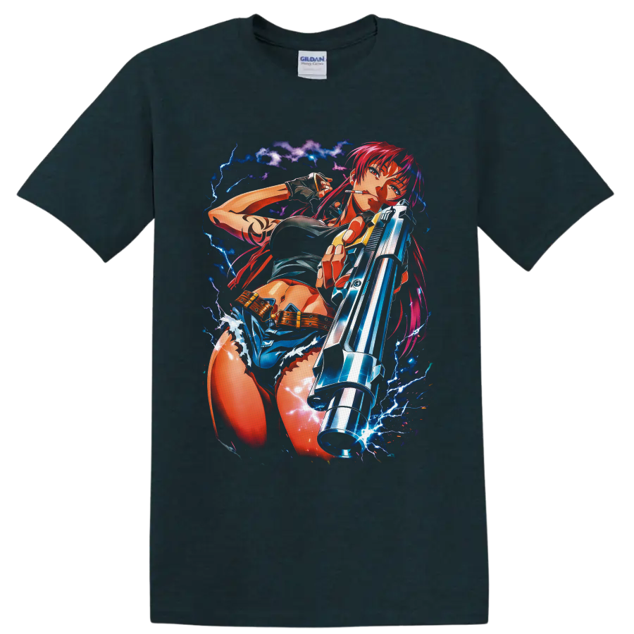 Revy from Black Lagoon in vivid anime gunfighter art with blue lightning on a Midnight (Green) T Shirt
