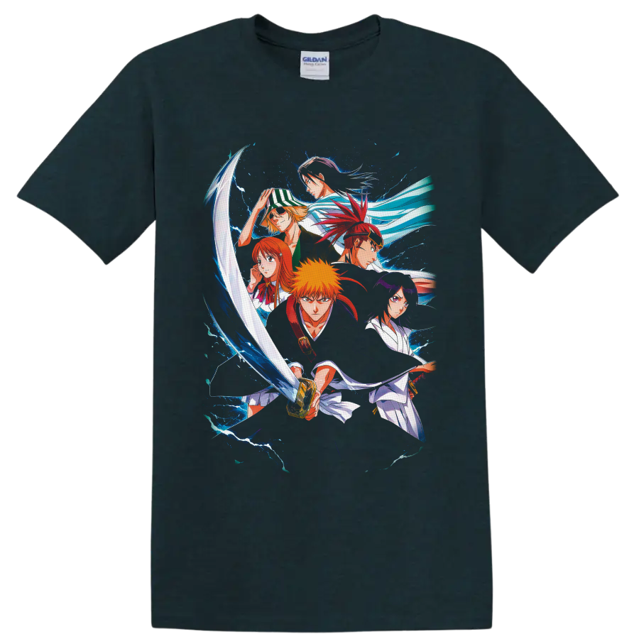 Bleach character group anime art with Ichigo Kurosaki, sword, and blue energy on a Midnight (Green) T Shirt