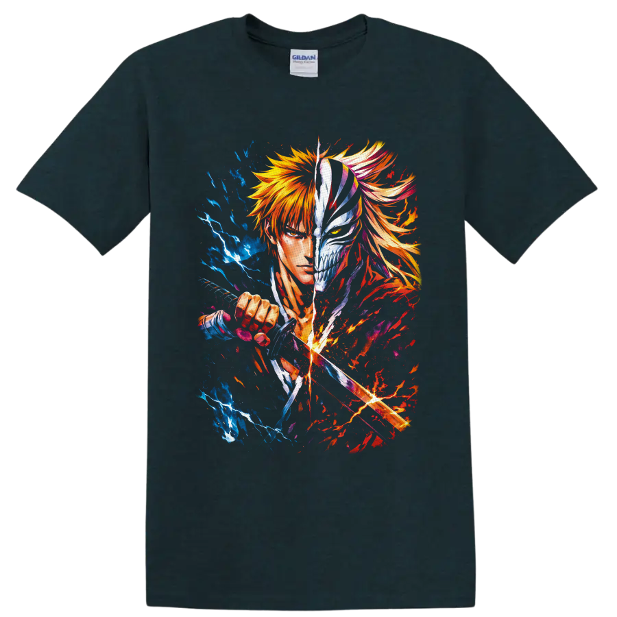 Ichigo Kurosaki split Hollow mask anime art with sword slash and blue fiery energy on a Midnight (Green) T Shirt