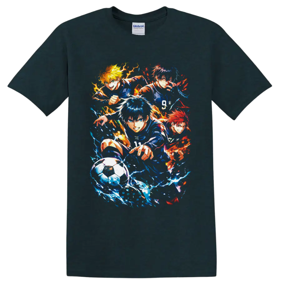 Satoru Gojo and Blue Lock anime soccer players in explosive blue and orange splatter art on a Midnight (Green) T Shirt