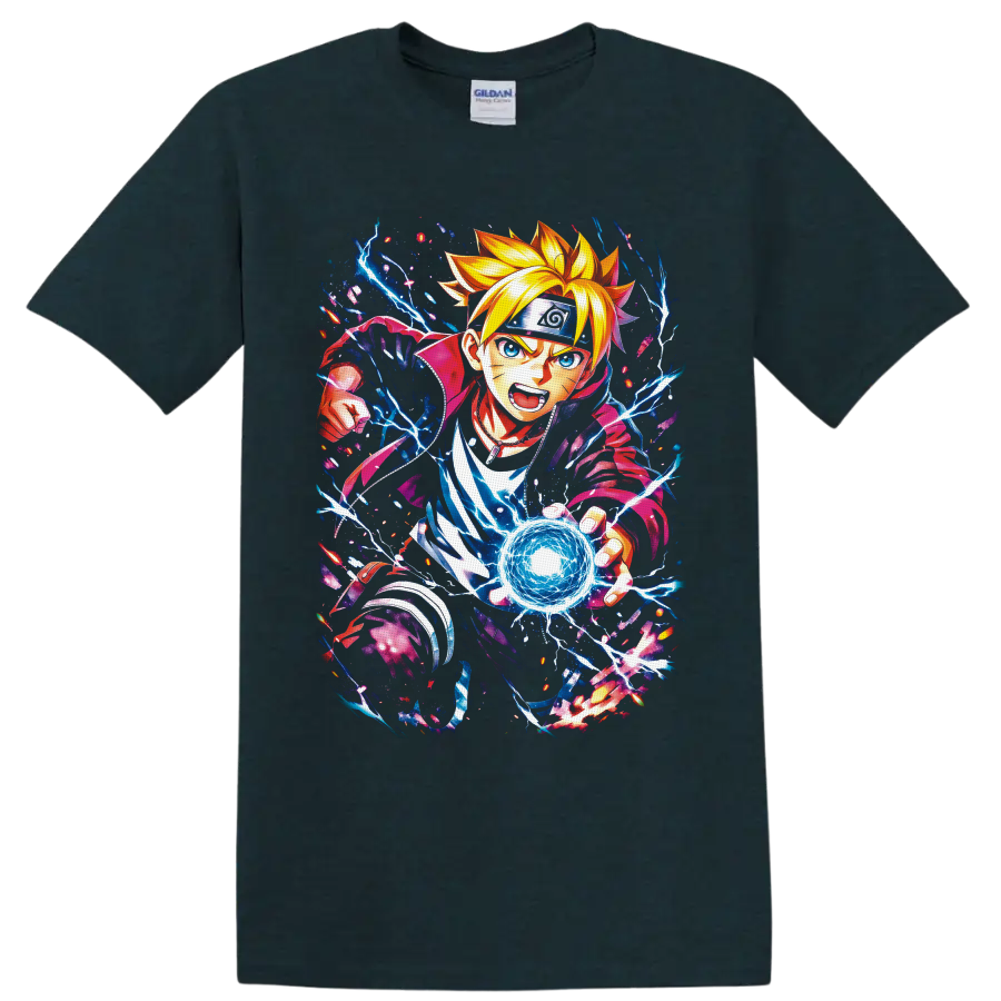 Boruto Uzumaki anime art charging a blue lightning energy orb on a Midnight (Green) T Shirt