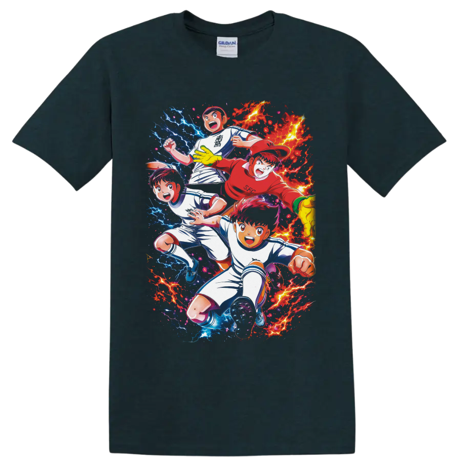 Captain Tsubasa soccer anime players with red flames and blue lightning on a Midnight (Green) T Shirt