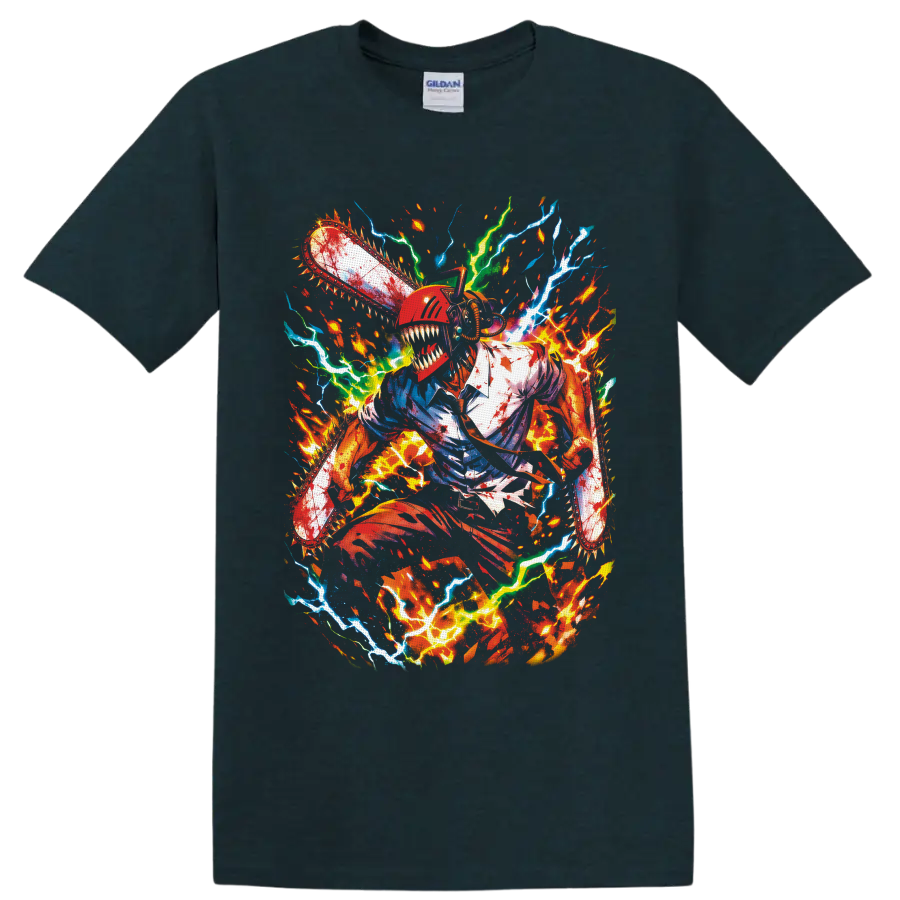 Denji Chainsaw Man chainsaw transformation with fiery splatter and electric anime art on a Midnight (Green) T Shirt