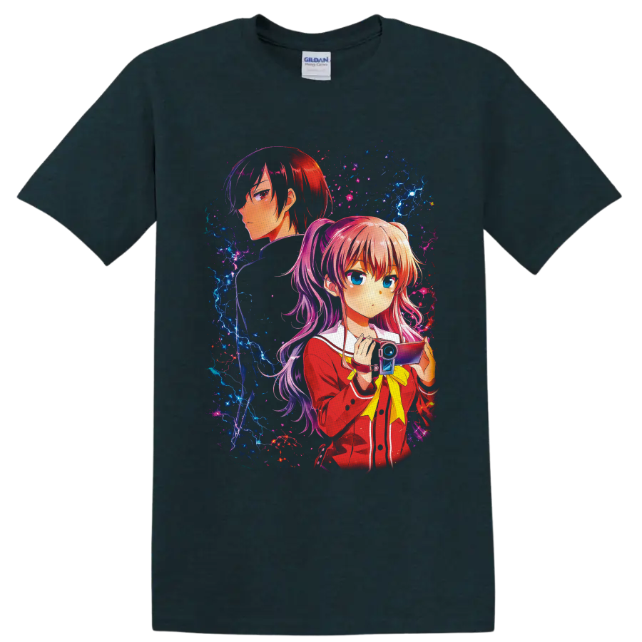 Nao Tomori and Yuu Otosaka anime art with camera and electric cosmic effects on a Midnight (Green) T Shirt