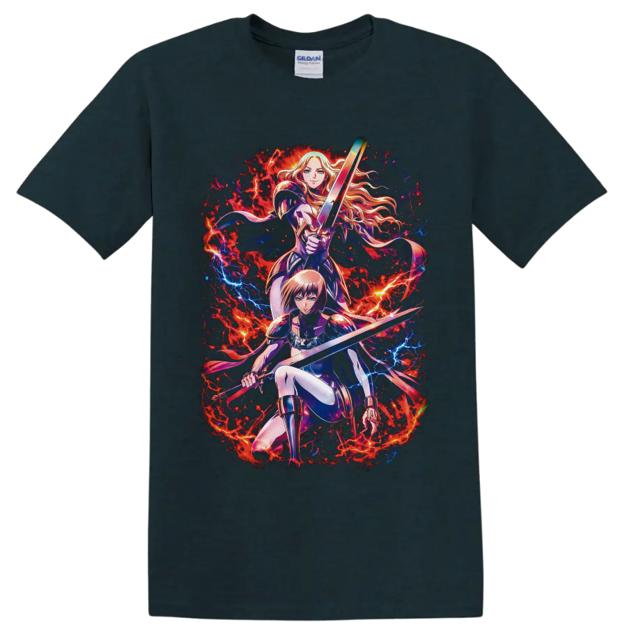 Clarice and Miata sword warrior anime art with fiery lightning battle effects on a Midnight (Green) T Shirt