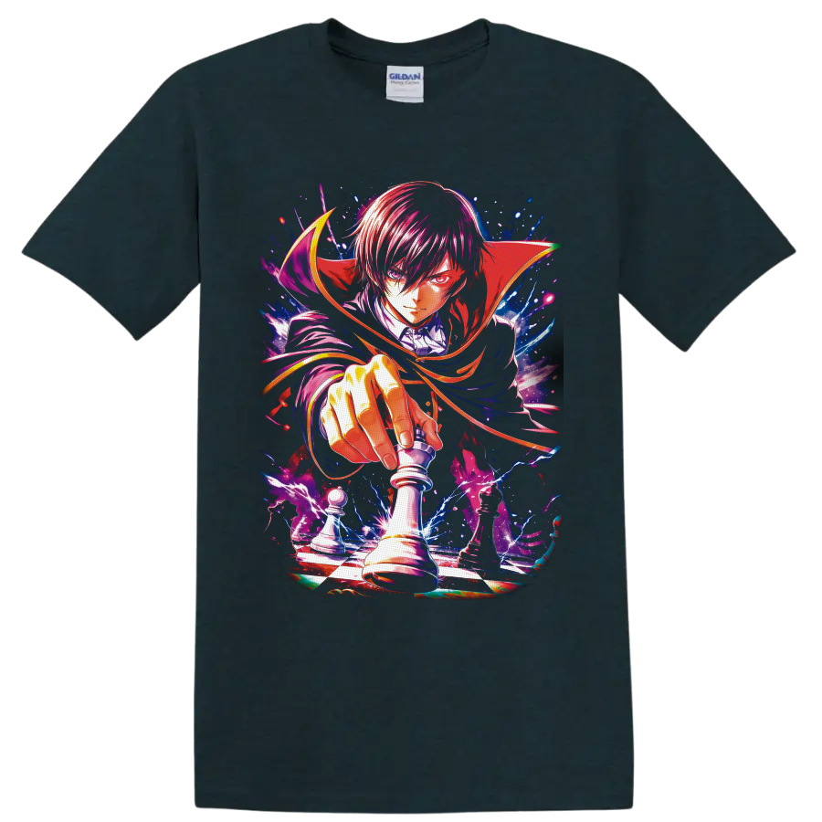 Lelouch Lamperouge chess king anime art with crimson cape and electric checkerboard on a Midnight (Green) T Shirt