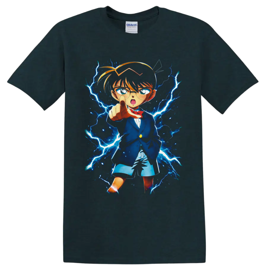 Conan Edogawa anime detective pointing amid electric-blue lightning on a Midnight (Green) T Shirt