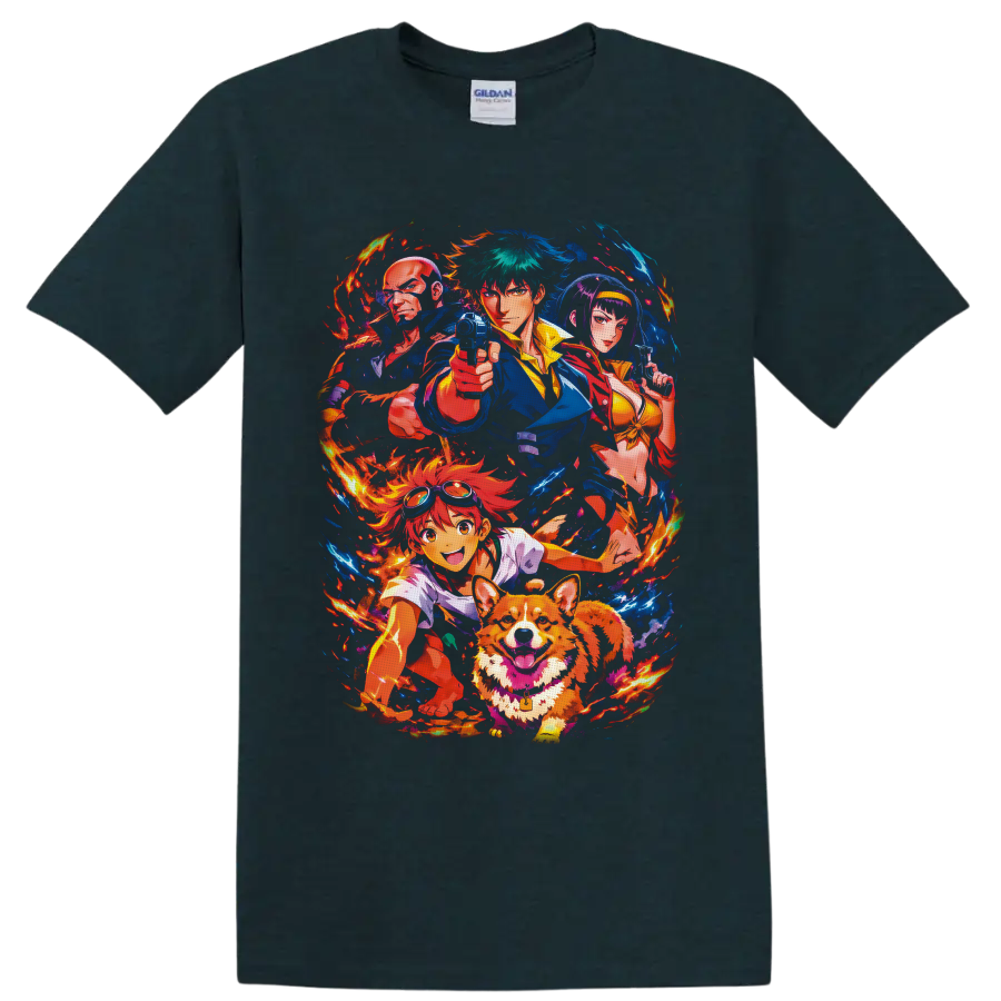Cowboy Bebop crew anime art with Spike, Jet, Faye, Edward, Ein, flames and blue energy on a Midnight (Green) T Shirt