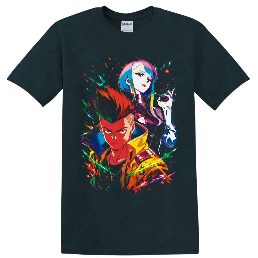 David Martinez and Lucy Kushinada in vivid neon cyberpunk anime character art on a Midnight (Green) T Shirt