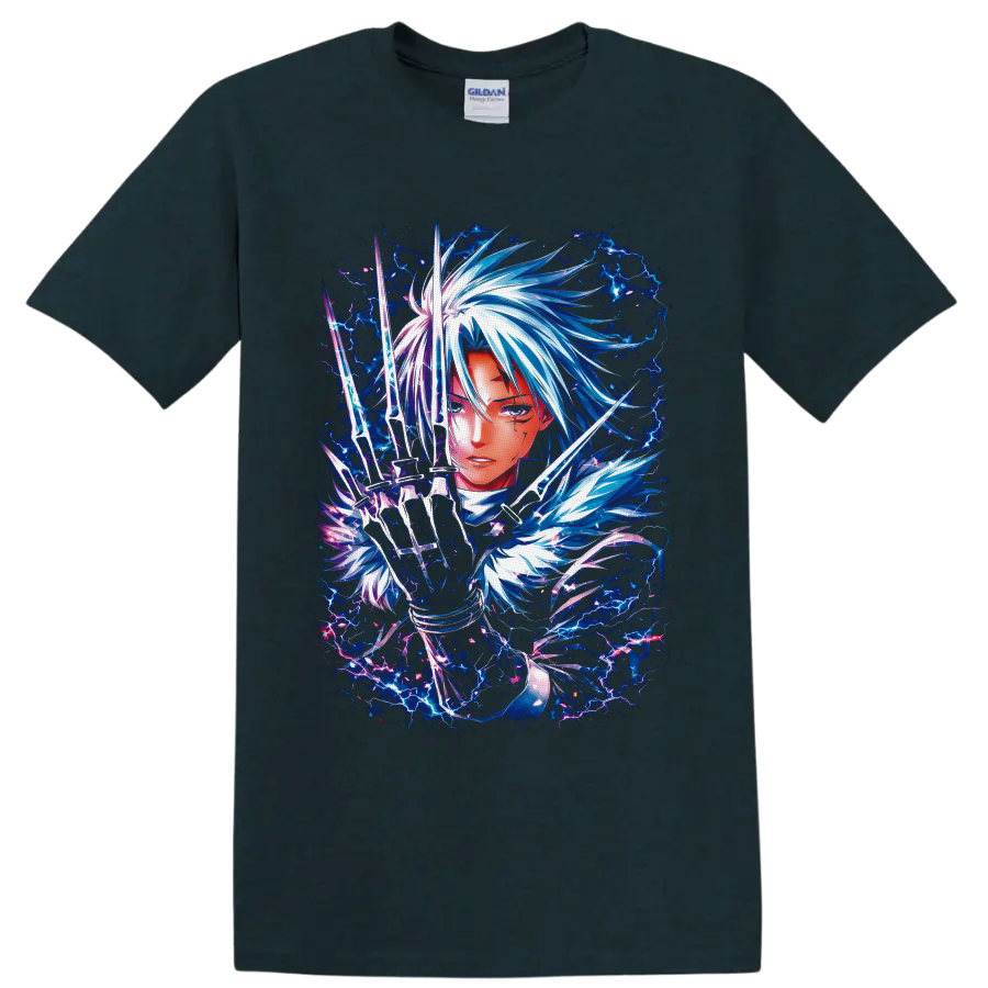 Allen Walker D.Gray-man anime art with glowing blades and electric blue lightning on a Midnight (Green) T Shirt