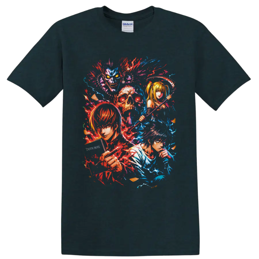 Death Note character collage with Light, L, Misa, Ryuk, skull, scythe, and splatter art on a Midnight (Green) T Shirt