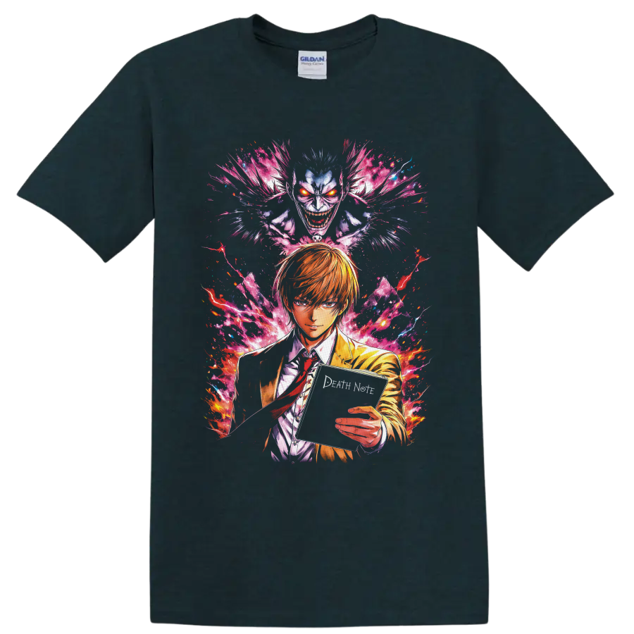 Light Yagami and Ryuk in neon manga art with a notebook and electric energy on a Midnight (Green) T Shirt