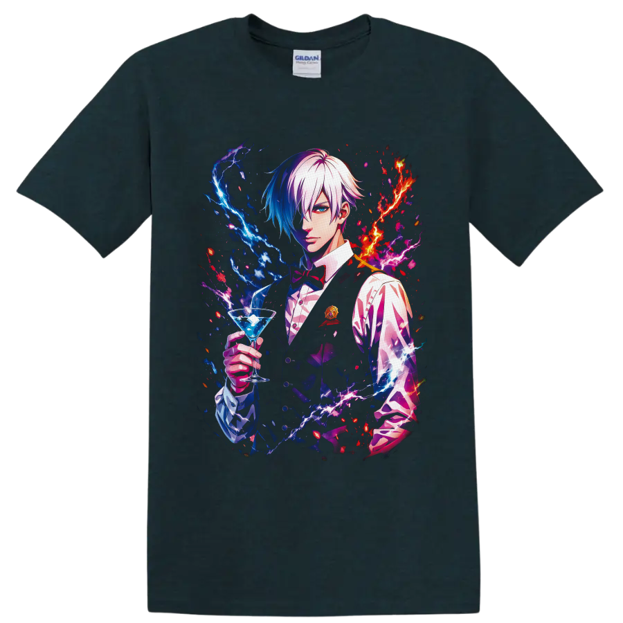 Decim Death Parade bartender holding a blue cocktail amid neon red and blue lightning on a Midnight (Green) T Shirt