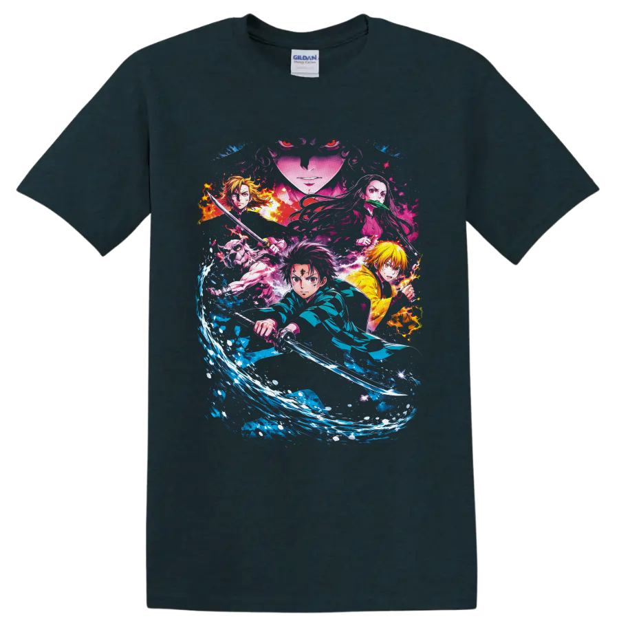 Demon Slayer collage with Tanjiro, Zenitsu, Inosuke, Nezuko, water and flame effects on a Midnight (Green) T Shirt