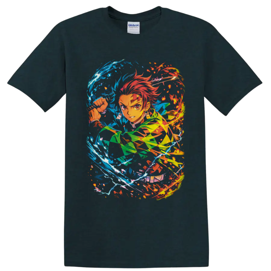 Tanjiro Kamado anime sword art with swirling blue water and red fire effects on a Midnight (Green) T Shirt
