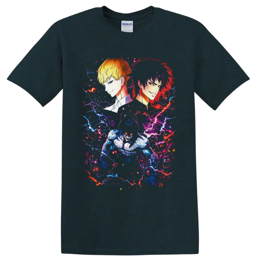 Ryo Asuka, Akira Fudo, and Devilman in neon lightning anime art on a Midnight (Green) T Shirt