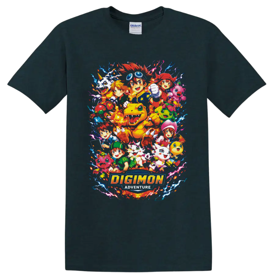 Digimon Adventure Agumon and DigiDestined anime collage with lightning and logo on a Midnight (Green) T Shirt