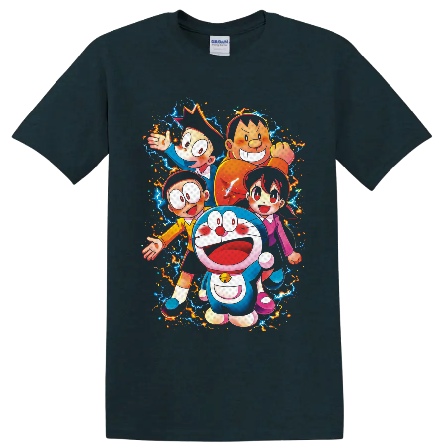 Doraemon and friends in vivid anime art with electric lightning and fiery sparks on a Midnight (Green) T Shirt